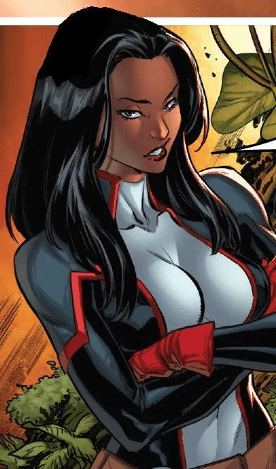 Comic heroine in a red and white suit