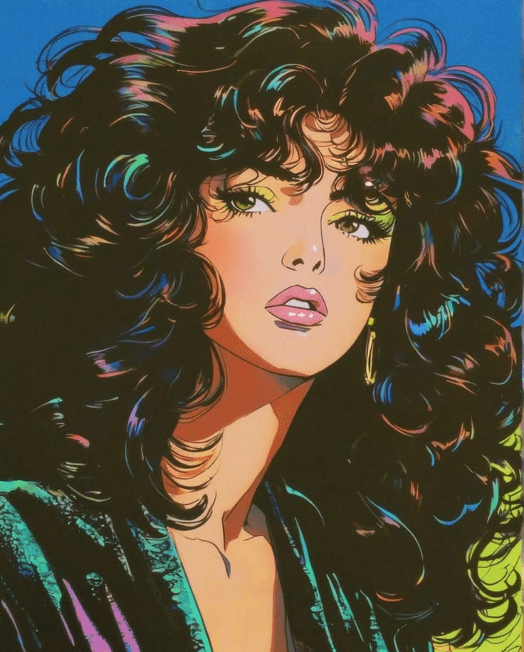 Retro 80s anime woman with neon highlights