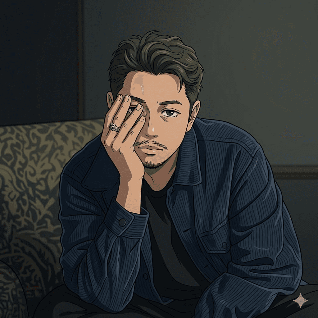 Moody anime portrait of a man on a couch