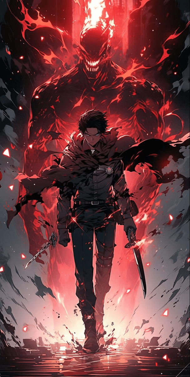 Anime warrior with a red demon behind him